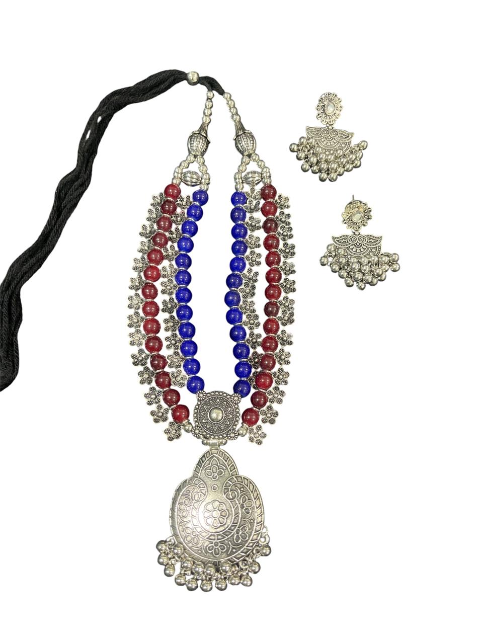 Priya Oxidised Beaded Long Necklace Set – Multi-colour Strand Tribal Jewellery with Earrings