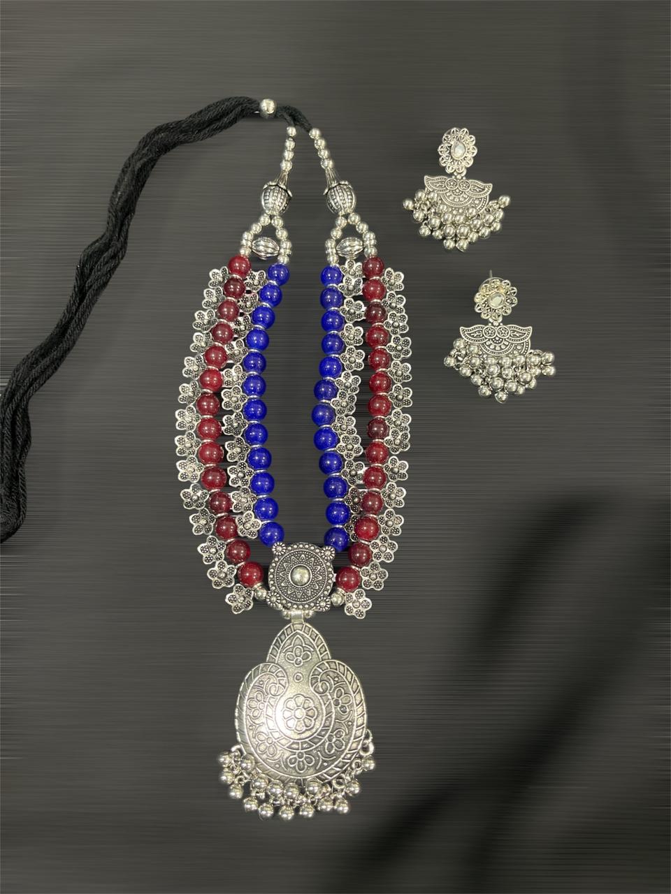 Priya Oxidised Beaded Long Necklace Set – Multi-colour Strand Tribal Jewellery with Earrings