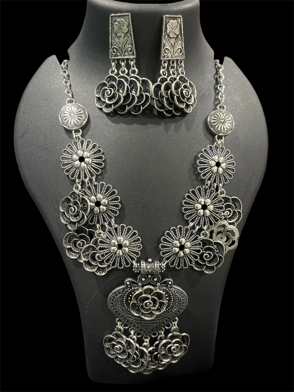 Roopa Oxidised Floral Necklace Set – Antique Silver Rose Jewellery with Earrings
