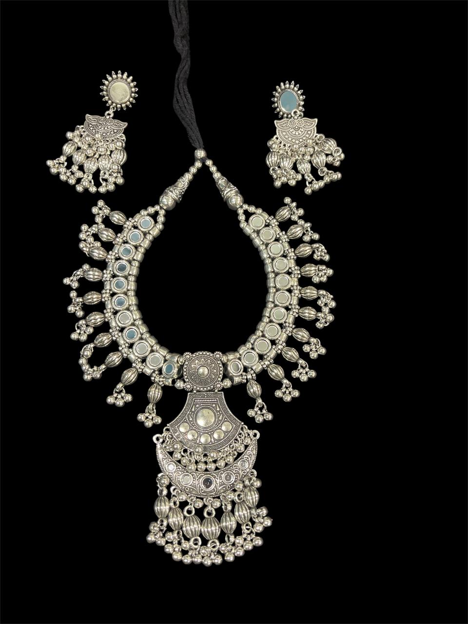Zara Oxidised Mirror Work Necklace Set – Ethnic Tribal Oxidised Set with Earrings