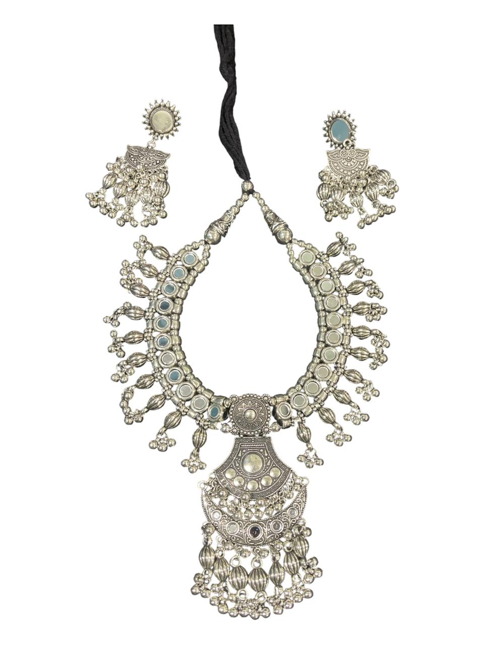 Zara Oxidised Mirror Work Necklace Set – Ethnic Tribal Oxidised Set with Earrings