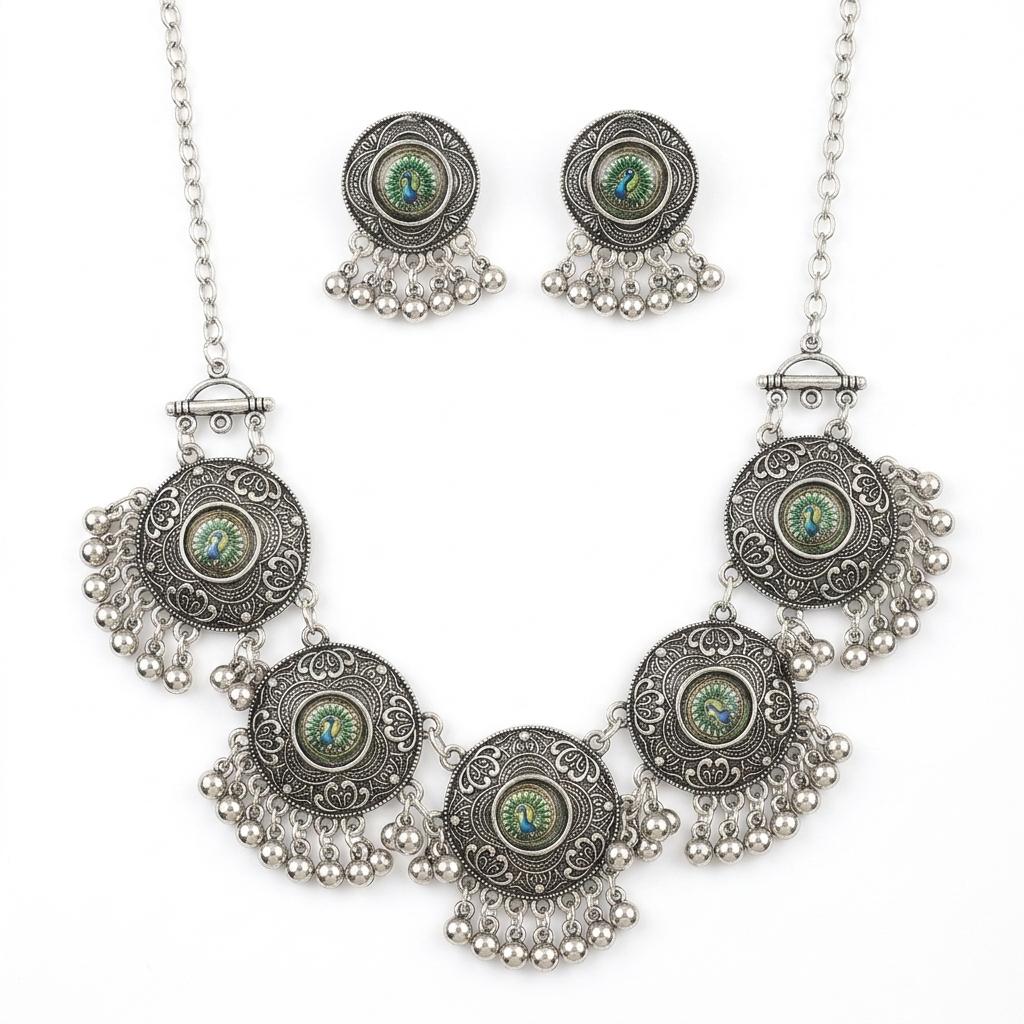 Mayuri Oxidised Peacock Navratri Set – Ethnic Oxidised Necklace with Earrings