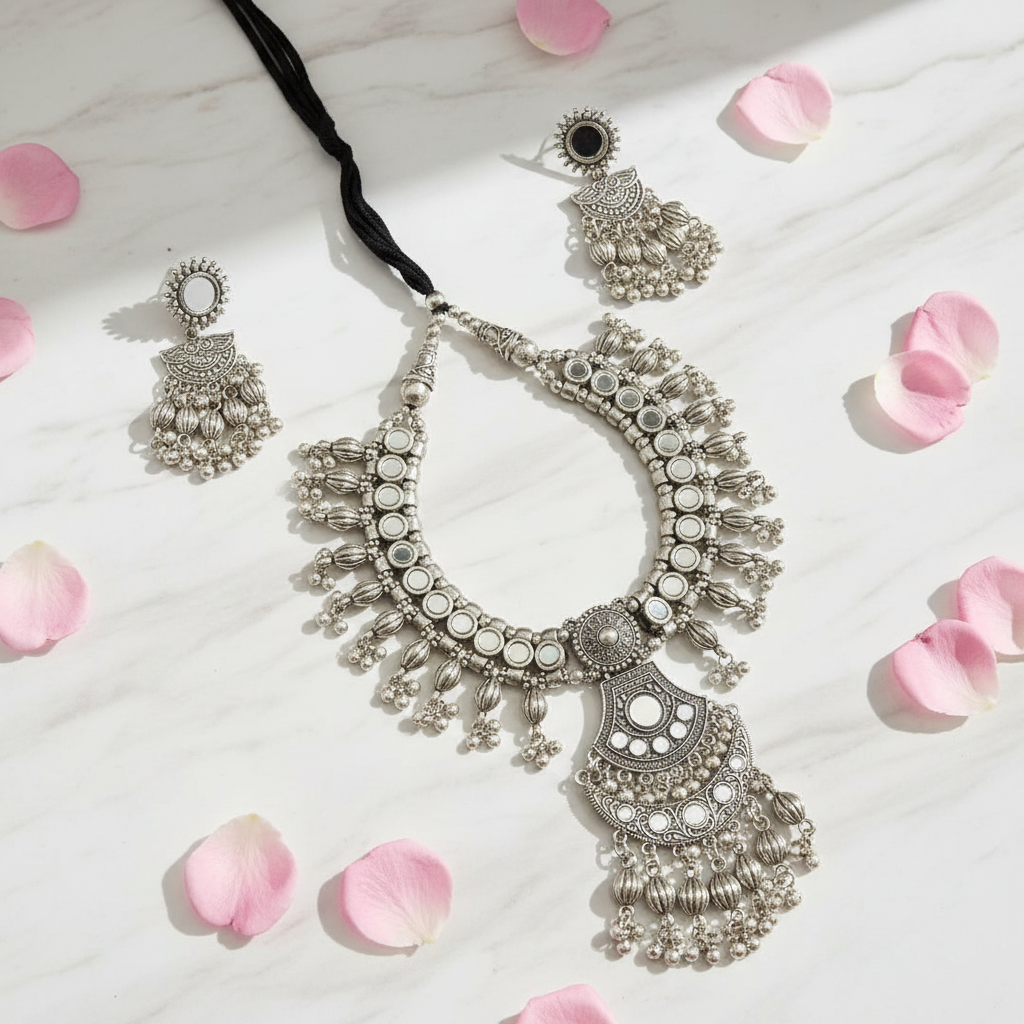 Zara Oxidised Mirror Work Necklace Set – Ethnic Tribal Oxidised Set with Earrings
