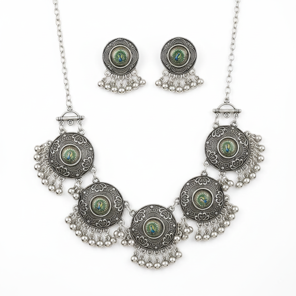 Mayuri Oxidised Peacock Navratri Set – Ethnic Oxidised Necklace with Earrings