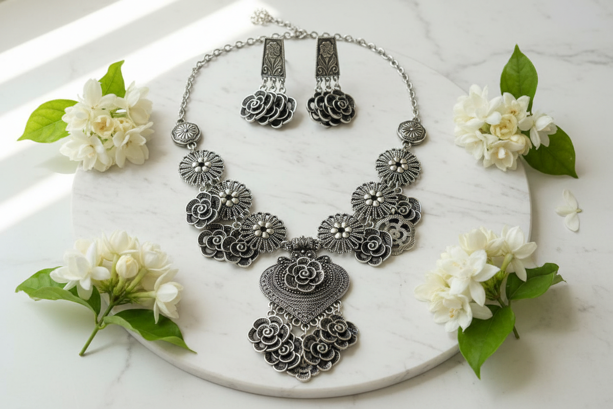 Roopa Oxidised Floral Necklace Set – Antique Silver Rose Jewellery with Earrings