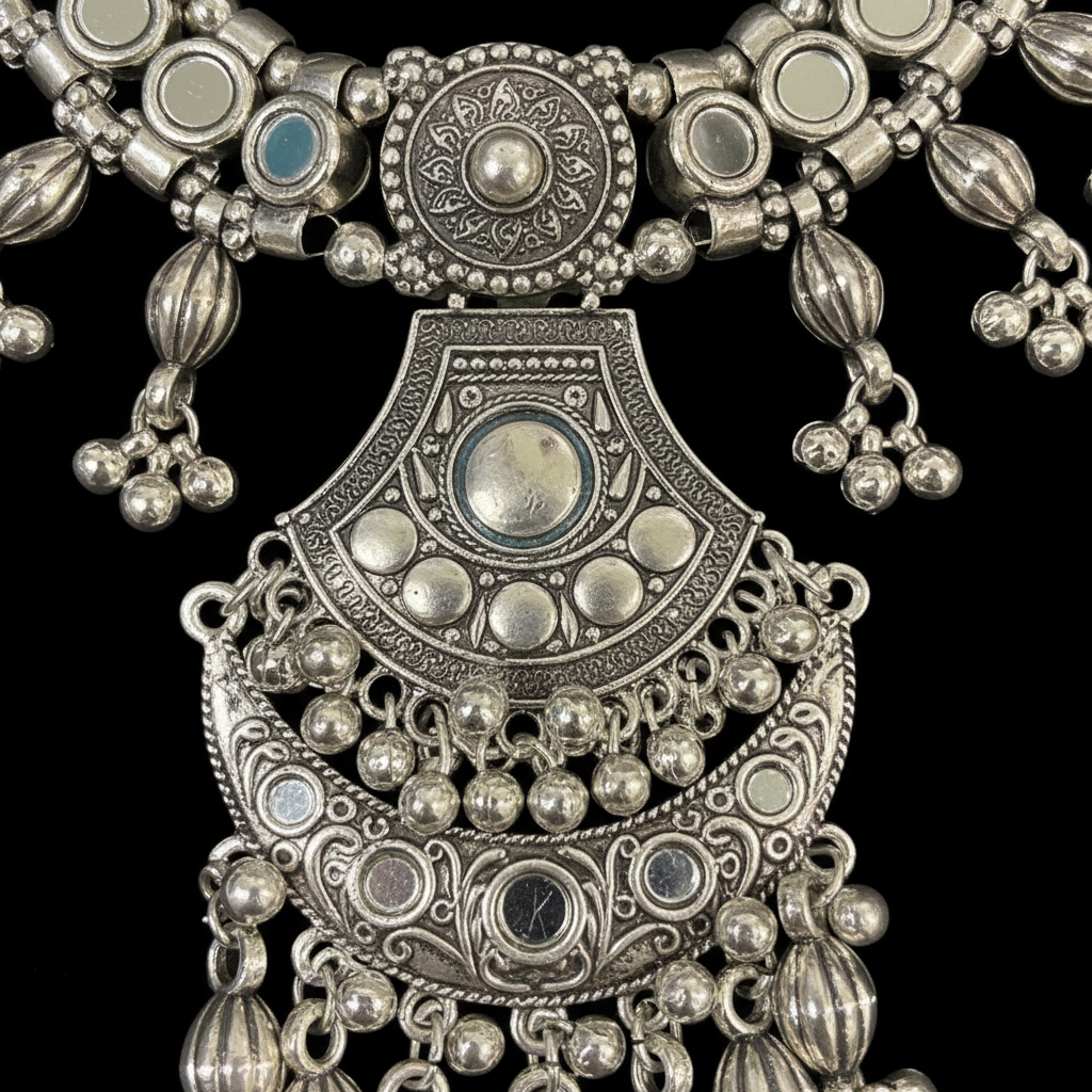 Zara Oxidised Mirror Work Necklace Set – Ethnic Tribal Oxidised Set with Earrings