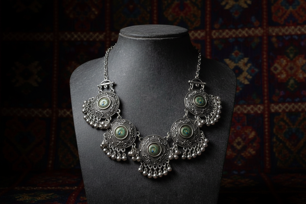 Mayuri Oxidised Peacock Navratri Set – Ethnic Oxidised Necklace with Earrings
