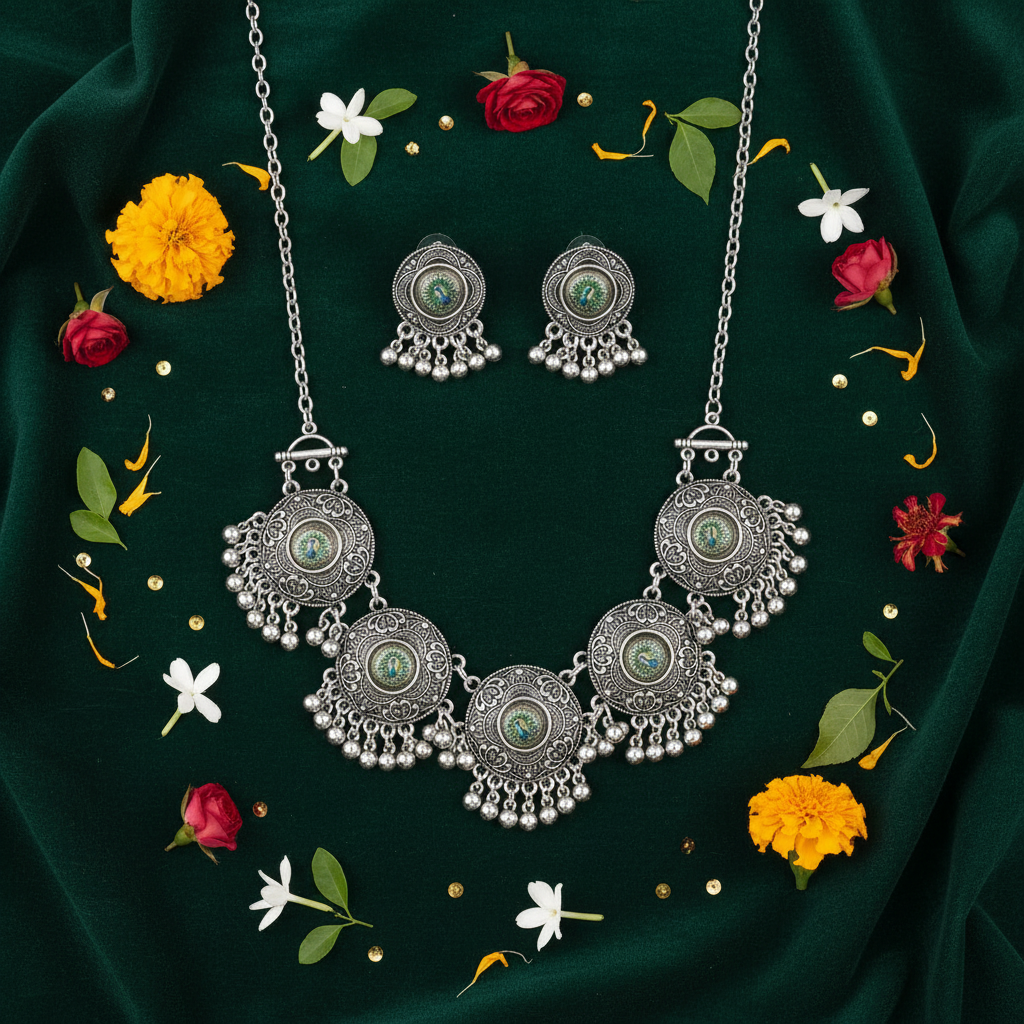 Mayuri Oxidised Peacock Navratri Set – Ethnic Oxidised Necklace with Earrings