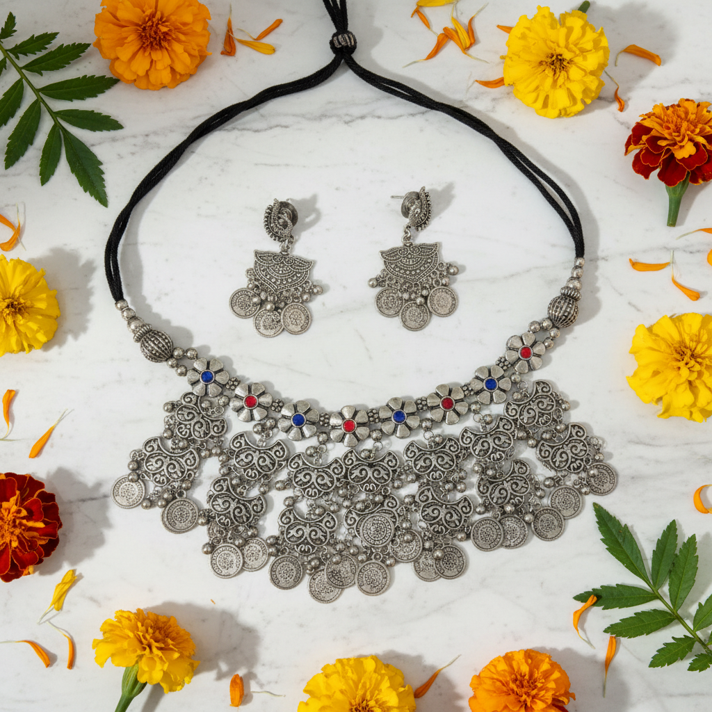 Kavya Oxidised Coin Necklace Set – Ethnic Tribal Coin Jewellery with Earrings