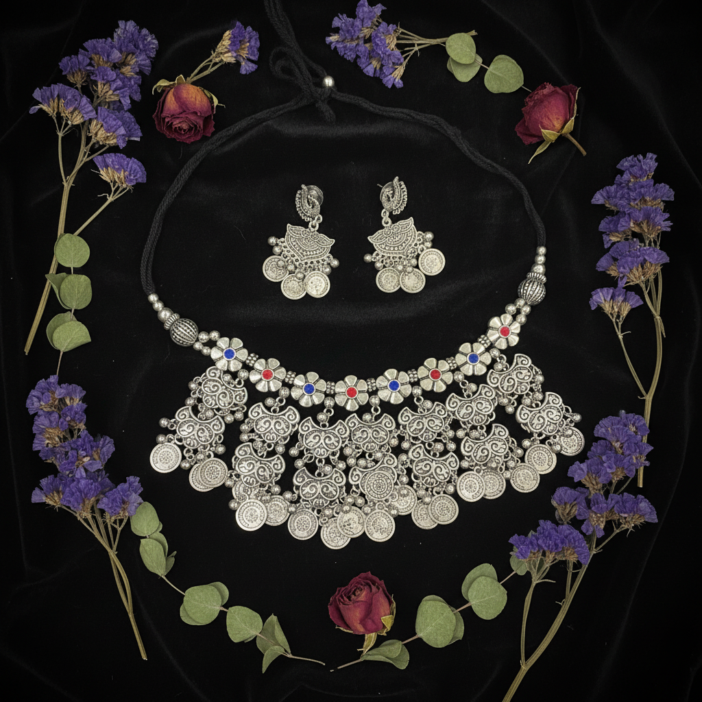 Kavya Oxidised Coin Necklace Set – Ethnic Tribal Coin Jewellery with Earrings
