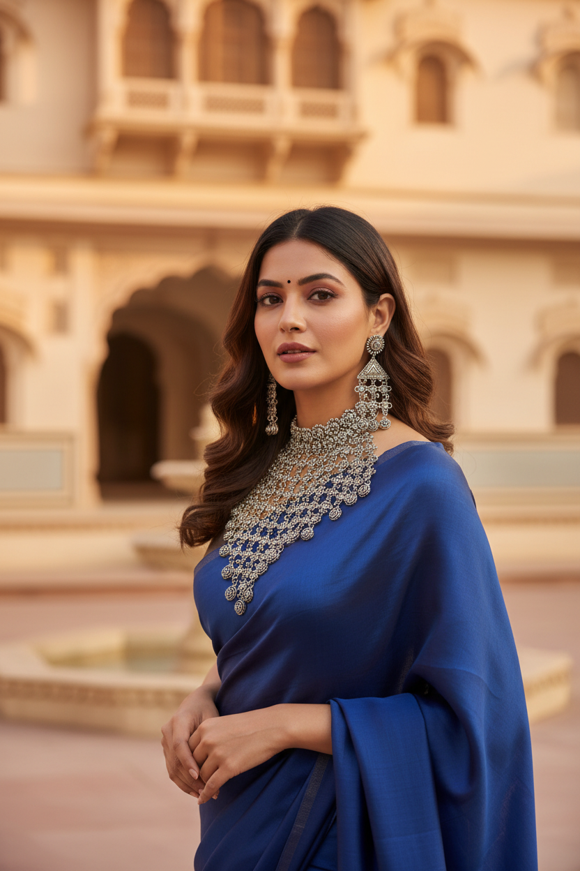 Meera Oxidised Floral Choker Necklace Set – Antique Silver Jewellery with Earrings
