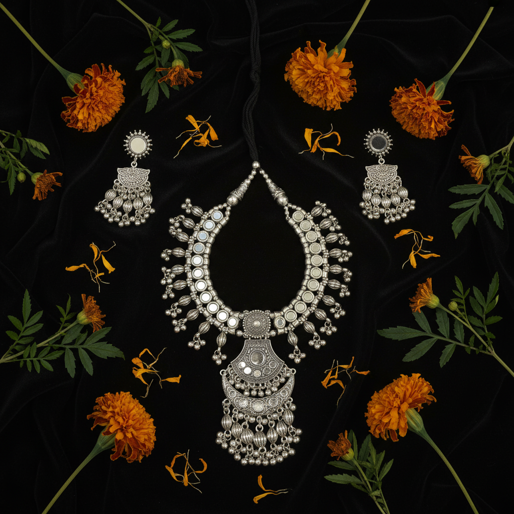 Zara Oxidised Mirror Work Necklace Set – Ethnic Tribal Oxidised Set with Earrings
