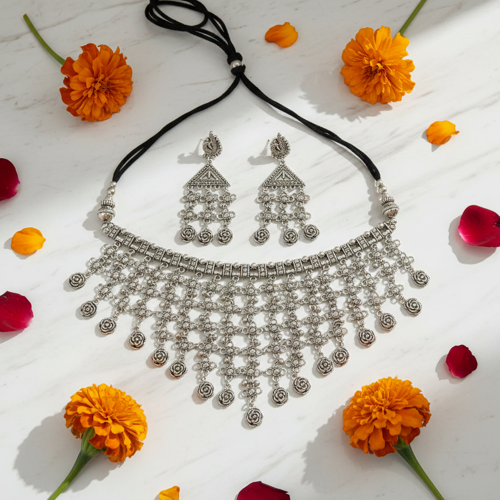 Meera Oxidised Floral Choker Necklace Set – Antique Silver Jewellery with Earrings