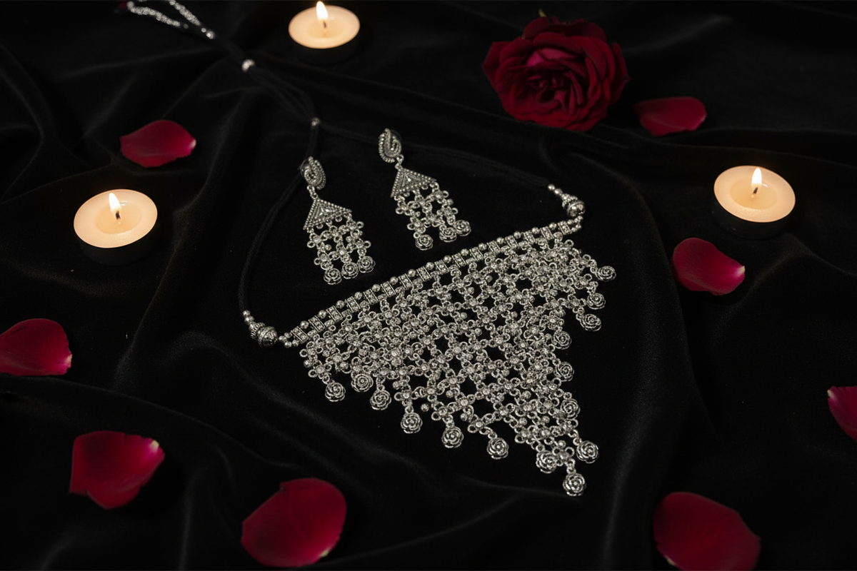 Meera Oxidised Floral Choker Necklace Set – Antique Silver Jewellery with Earrings