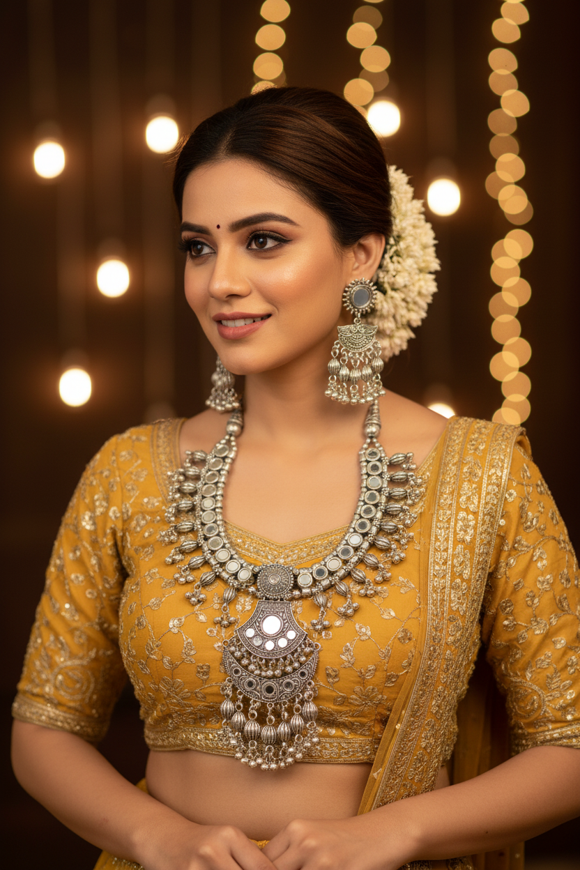 Zara Oxidised Mirror Work Necklace Set – Ethnic Tribal Oxidised Set with Earrings