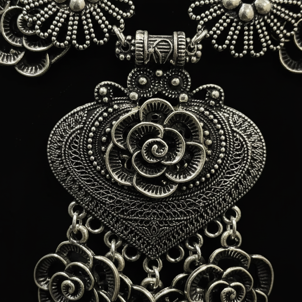 Roopa Oxidised Floral Necklace Set – Antique Silver Rose Jewellery with Earrings