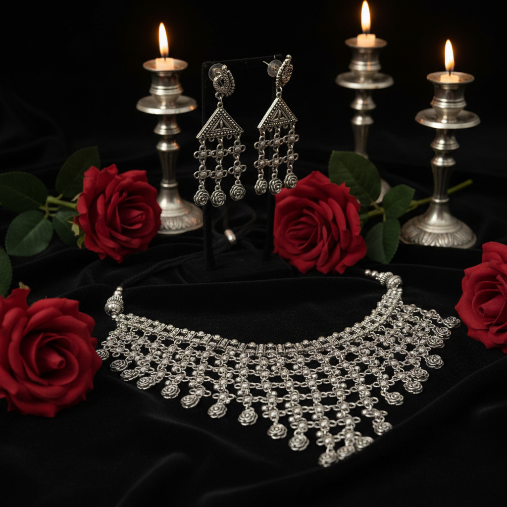 Meera Oxidised Floral Choker Necklace Set – Antique Silver Jewellery with Earrings