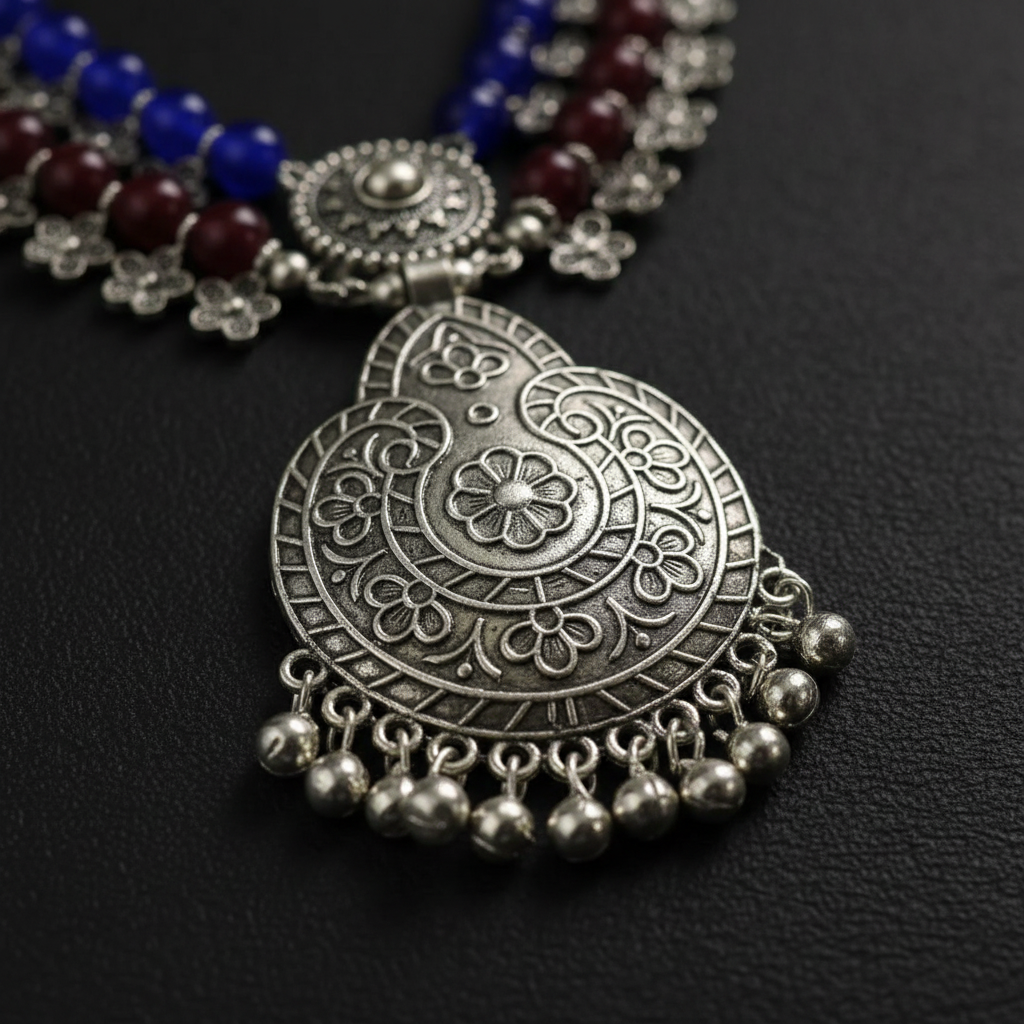 Priya Oxidised Beaded Long Necklace Set – Multi-colour Strand Tribal Jewellery with Earrings