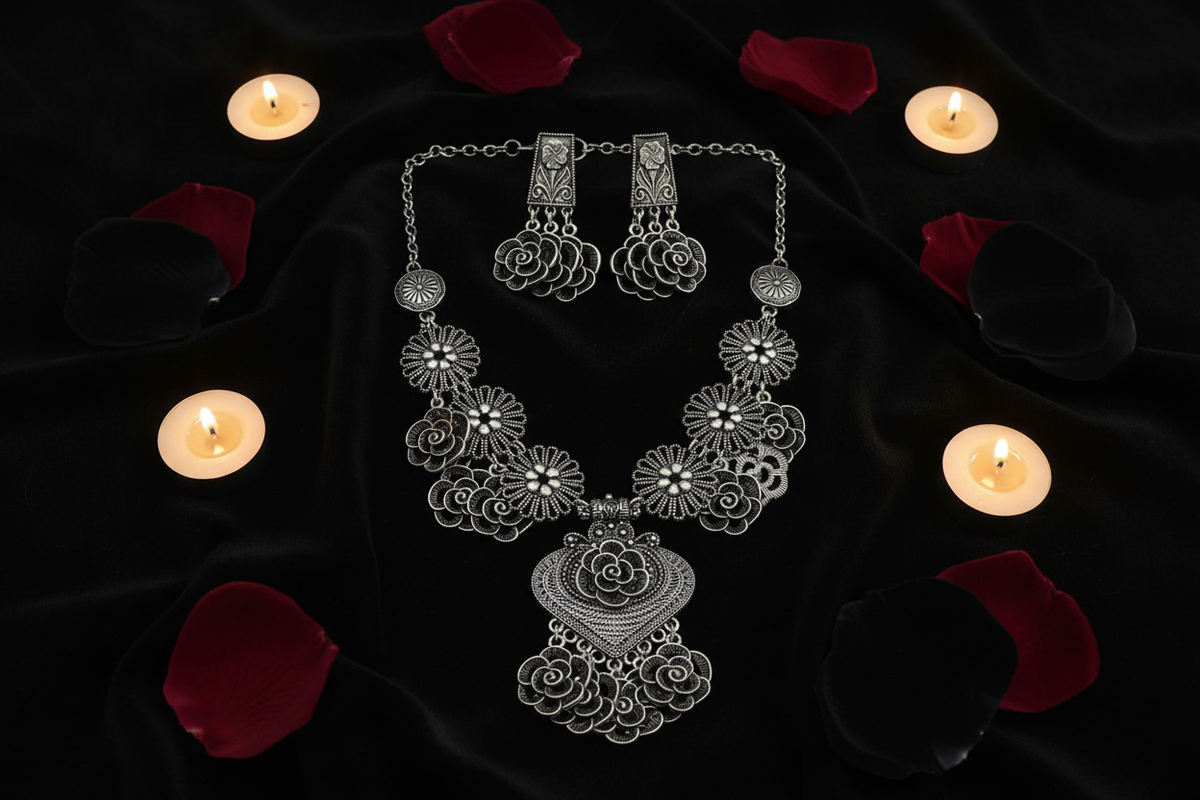 Roopa Oxidised Floral Necklace Set – Antique Silver Rose Jewellery with Earrings