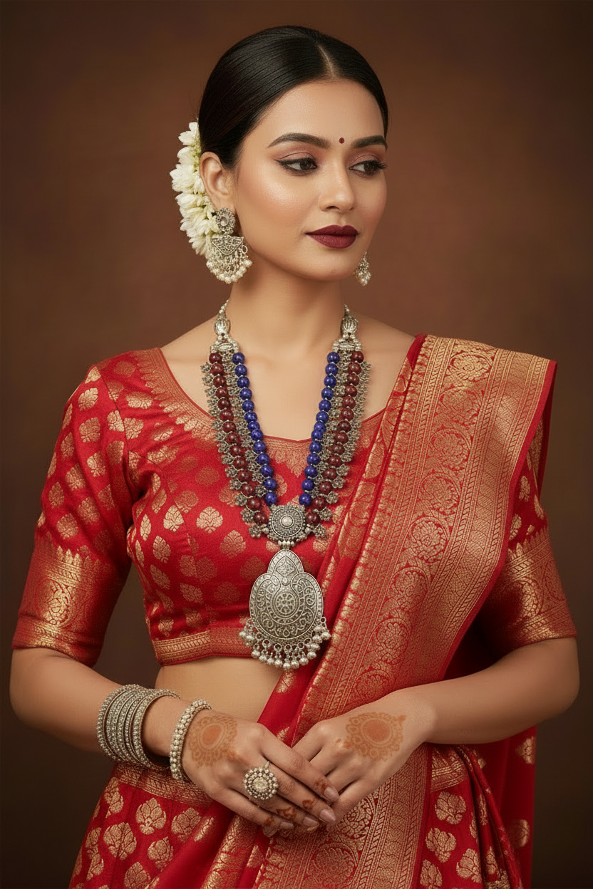Priya Oxidised Beaded Long Necklace Set – Multi-colour Strand Tribal Jewellery with Earrings