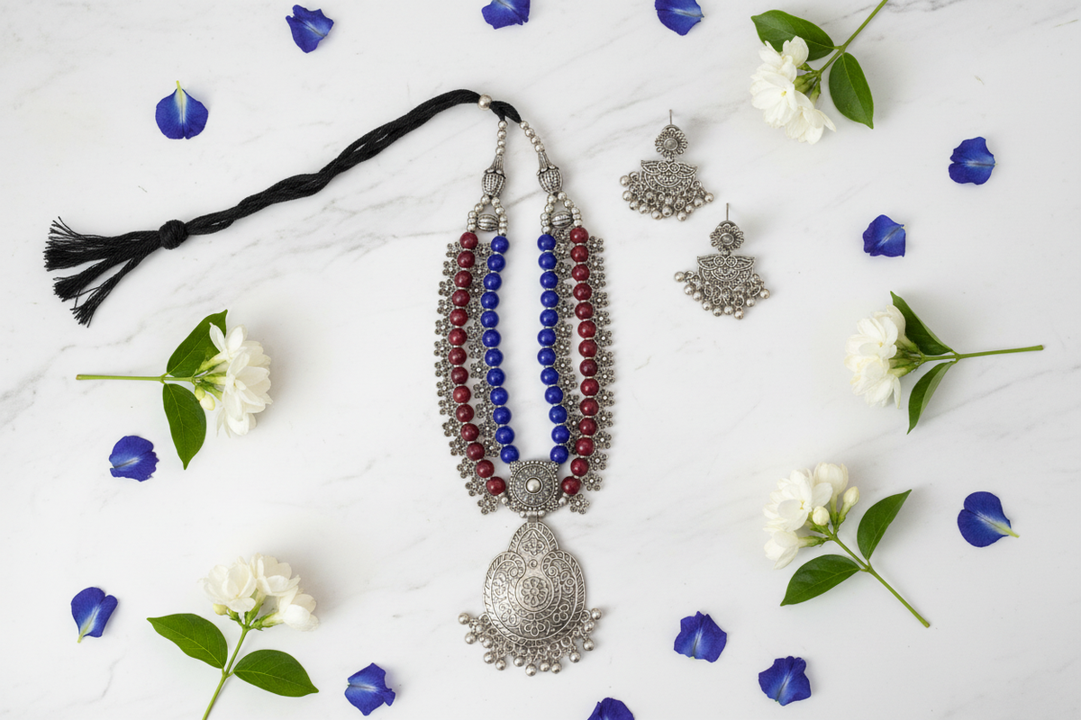 Priya Oxidised Beaded Long Necklace Set – Multi-colour Strand Tribal Jewellery with Earrings