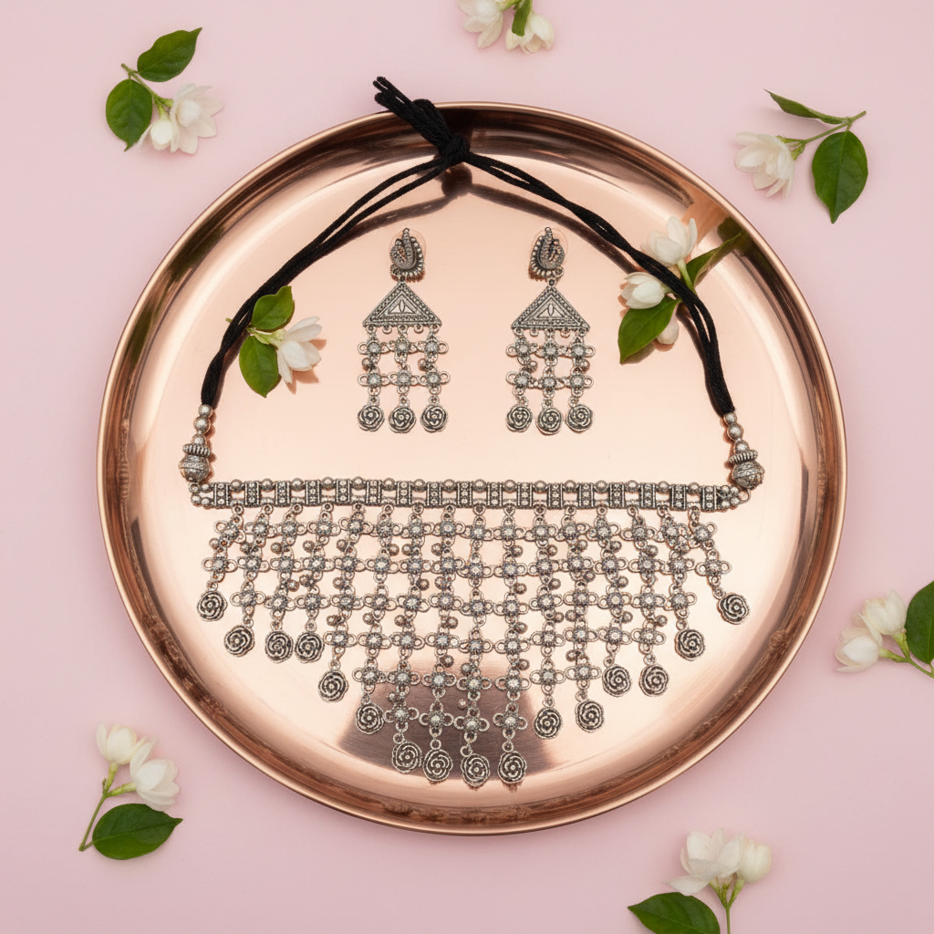 Meera Oxidised Floral Choker Necklace Set – Antique Silver Jewellery with Earrings