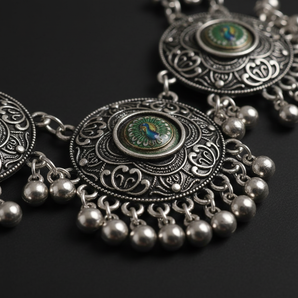 Mayuri Oxidised Peacock Navratri Set – Ethnic Oxidised Necklace with Earrings